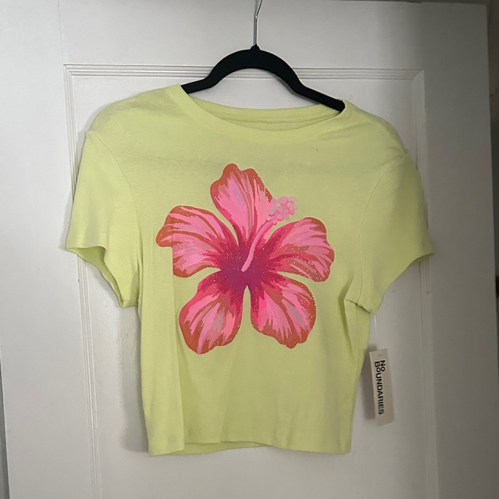 No Boundaries Neon Yellow Hibiscus Graphic Tee Y2K Tropical Summer Top